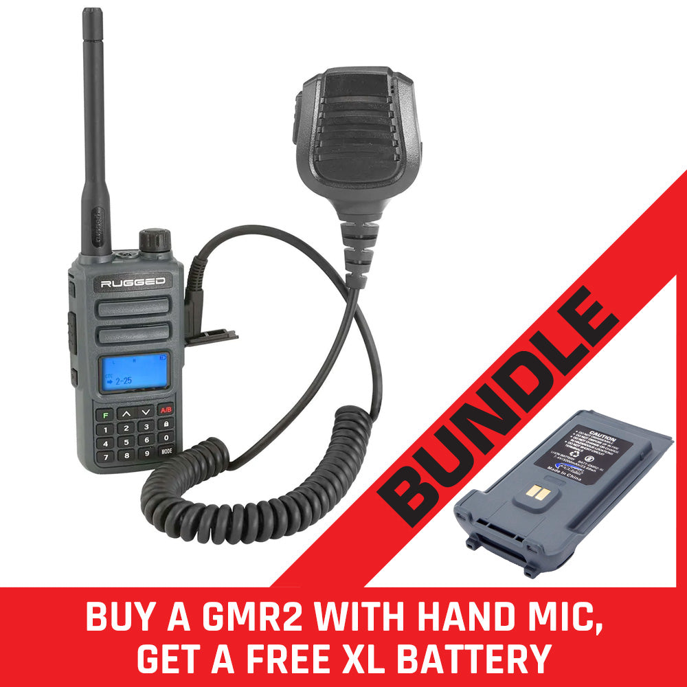 Rugged GMR2 GMRS and FRS Band Radio with Hand Mic - with FREE XL Battery - BUNDLE